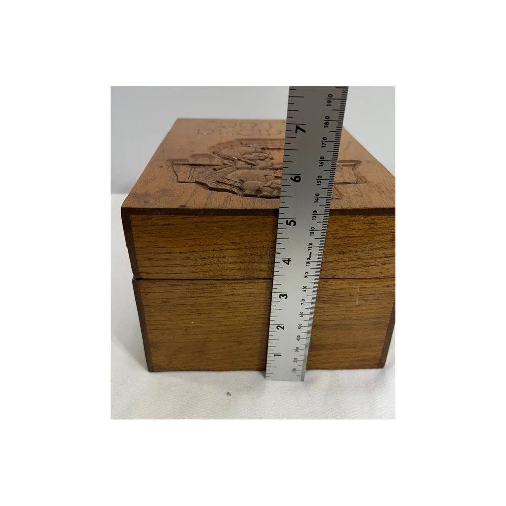 Vintage Hand Carved Wooden Recipe Box Dots Recipes Rustic Kitchen Decor Brown